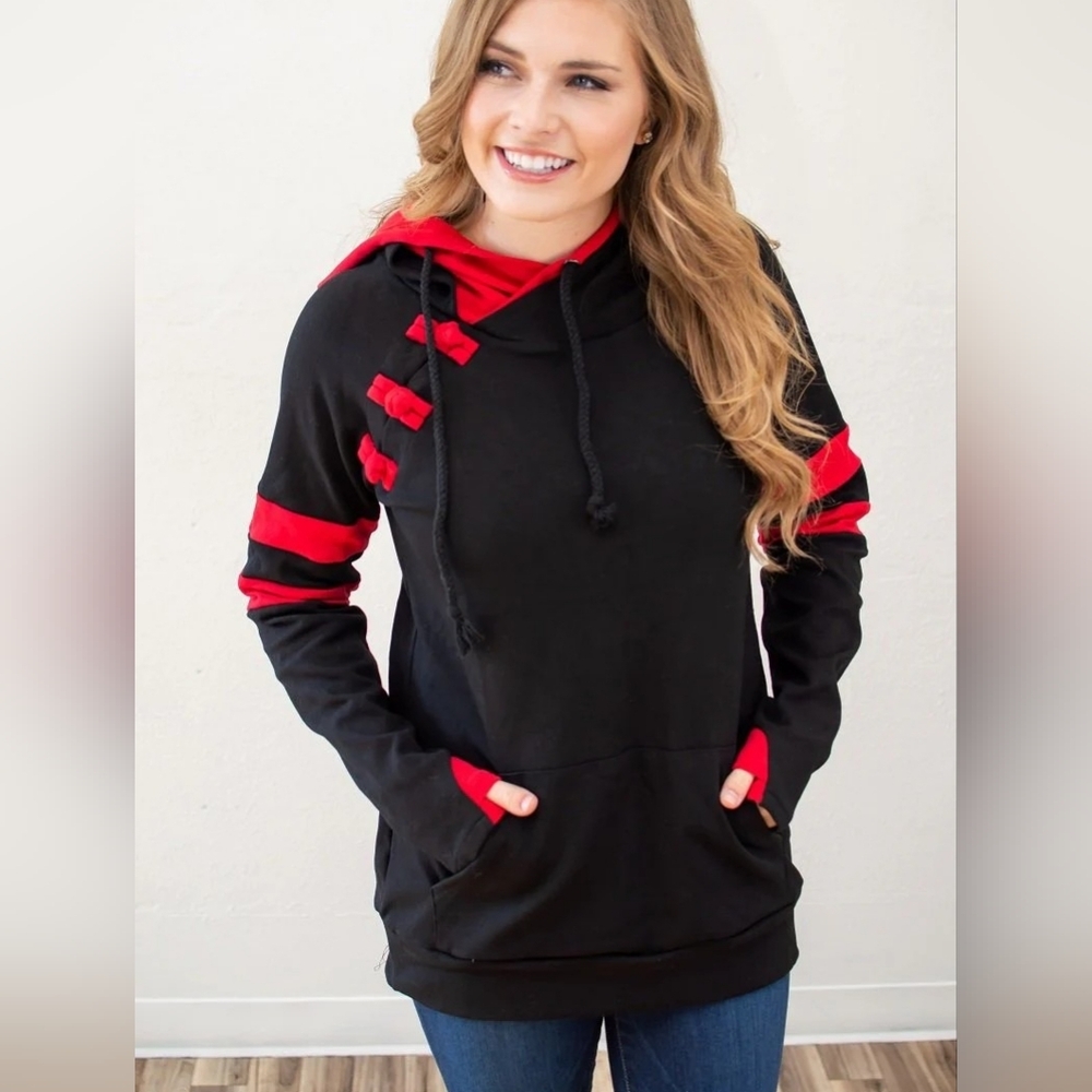 Womens Hoodie Black With Red Details Slim Fit Double Hood Fits Sz 1X/2X - Picture 1 of 14